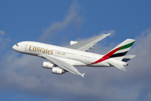 Airbus A380 Emirates taking-off from JFK, New York