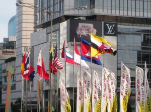 The flags of ASEAN nations raised in MH Thamrin Avenue, Jakarta, during 18th ASEAN Summit, Jakarta, 8 May 2011