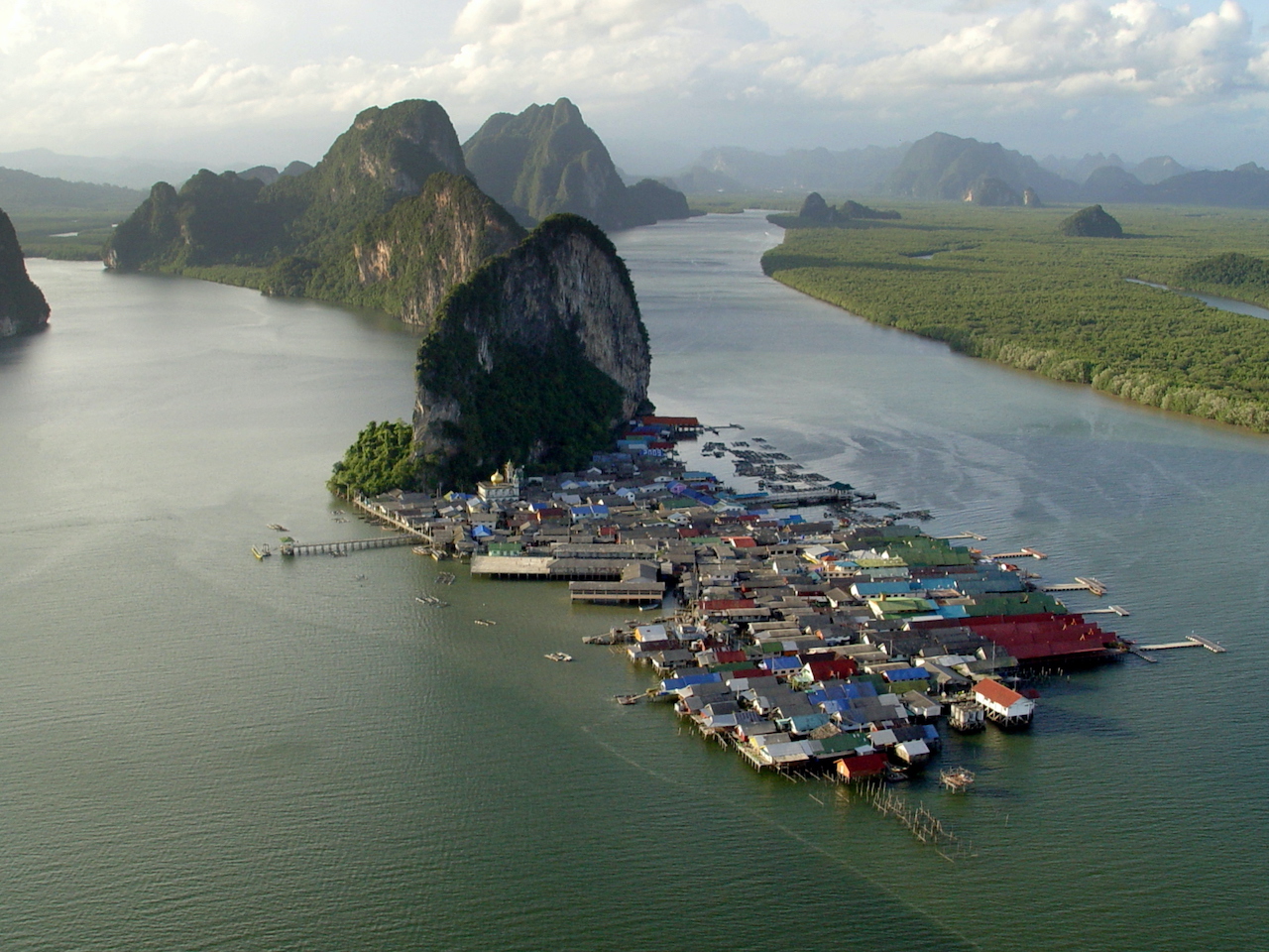 Aerial view of Koh Panyi, a floating village in Phang Nga Bay.