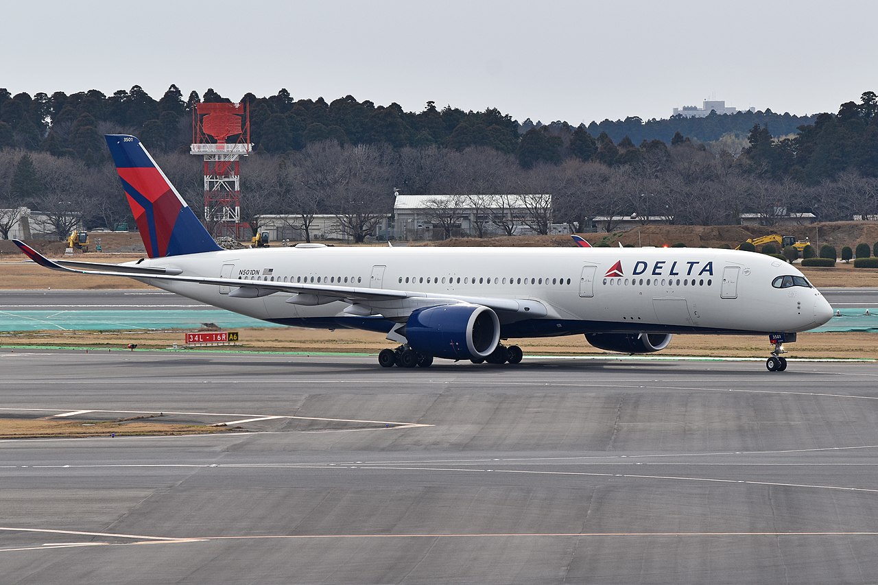 Airbus A350-941 ‘N501DN’ Delta Airlines, taxiing after arriving on flight DL275 / DAL275 from Detroit at Narita International Airport Tokyo, Japan.