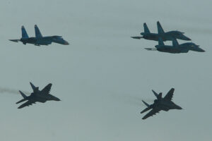 Russian fighter formation. Russian Air Force 100th Anniversary Airshow. Zhukovsky, Russia
