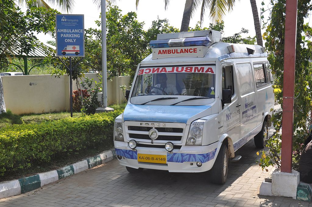 Ambulance of Narayana Multispeciality Hospital in Mysore, India