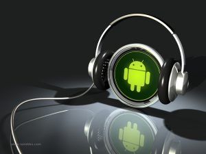 3D green Android logo with headphones