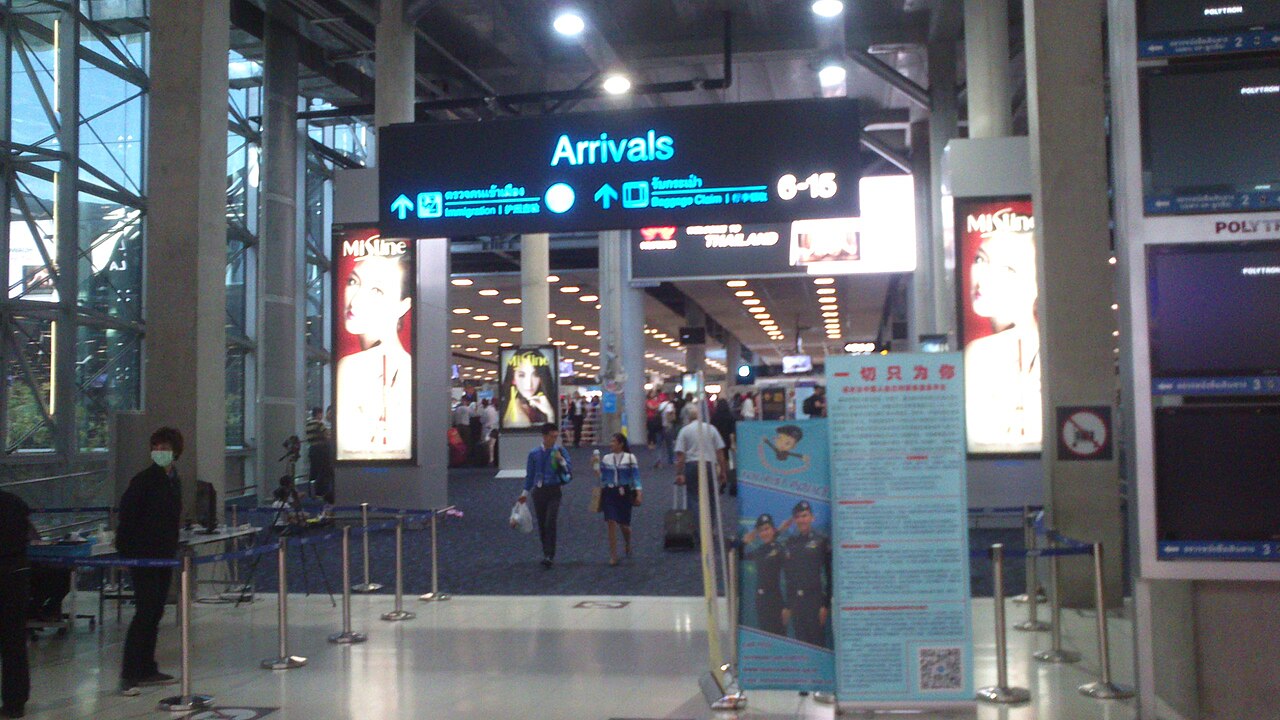 Arrivals sign at Suvarnabhumi Airport in Bangkok.