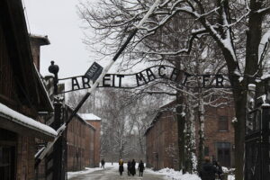 The Gate of Auschwitz-Birkenau, pictured on 70th Anniversary of the Liberation of the Camp.