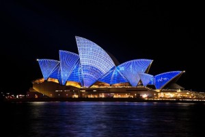 The Sydney Opera House at night in New South Wales, Australia