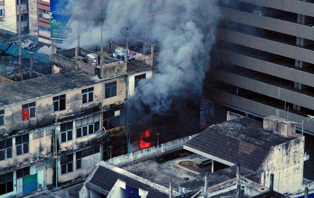 A shop on Rama 4 Road in Bangkok on fire during the UDD protests in 2010