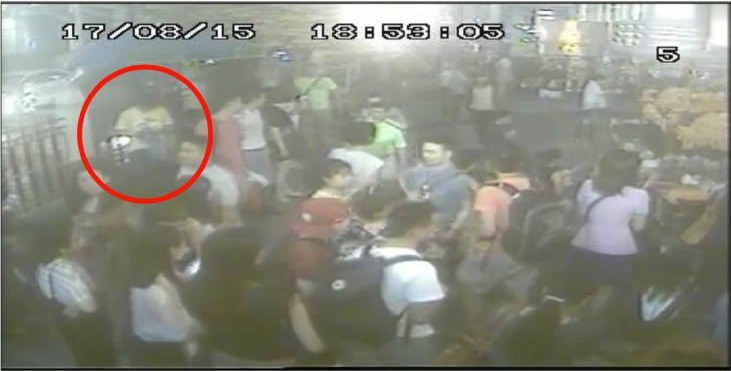 The main suspect in Bangkok blast in yellow t-shirt and two suspects wearing red and white shirts. Photo: Royal Thai Police / Facebook CSI LA.