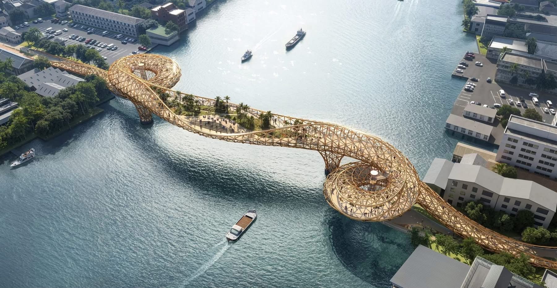 Aerial view of the pedestrian bridge over the Chao Phraya River in Bangkok.
