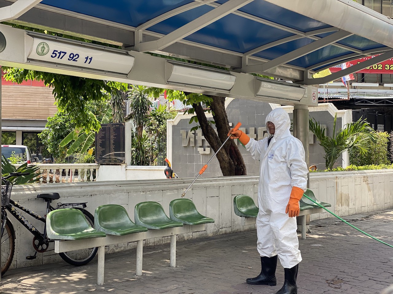Bus stops in Bangkok have been deep cleaned to prevent spread of COVID-19