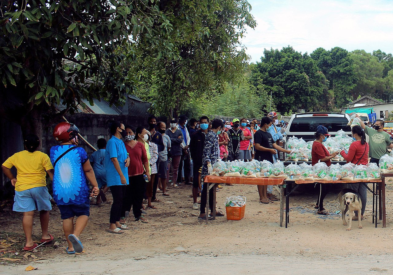 Queue for free food handout for those in need during the COVID-19 lockdown