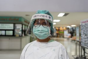 A nurse wearing face shield and mask during COVID-19 coronavirus pandemic in April 2020.