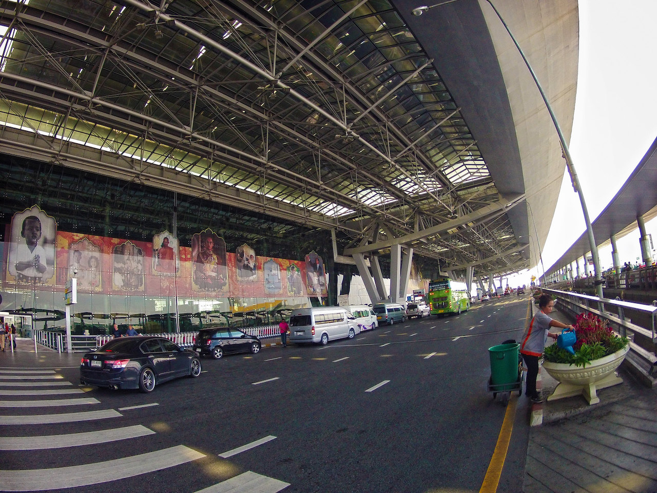 Vehicles at Bangkok Suvarnabhumi Airport Terminal Building Departures Level