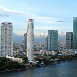 Thonburi bank of Chao Phraya River in Bangkok, with Saichol Mansion, Ideo Sathorn-Taksin, Urbano Absolute, River South Tower and Supakarn Condominium
