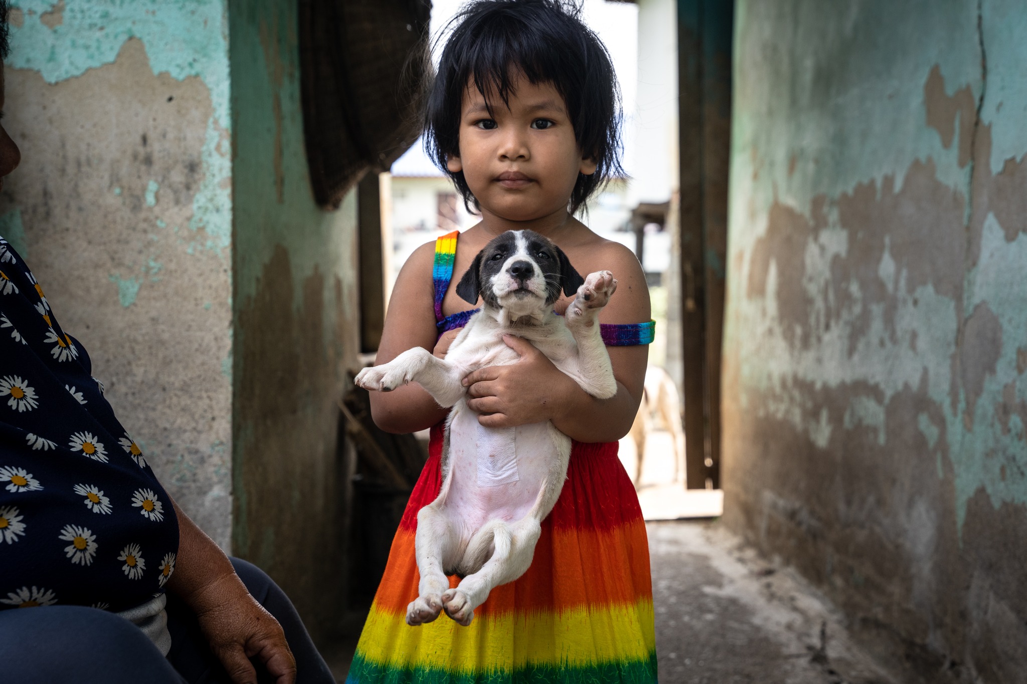 Girl holding puppy.