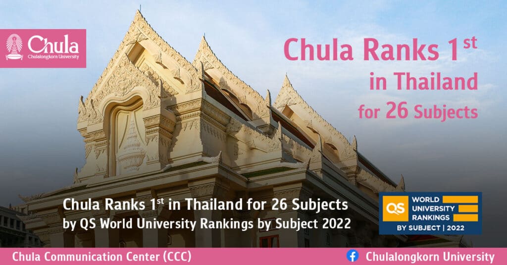 Chulalongkorn University ranks the first in Thailand in four broad subject areas and No. 1 in Thailand in 26 sub-subjects
