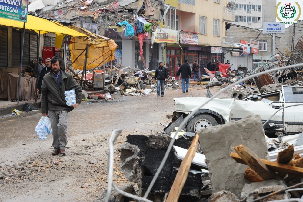 Collapsed buildings and debris in Van, Turkey due to an earthquake