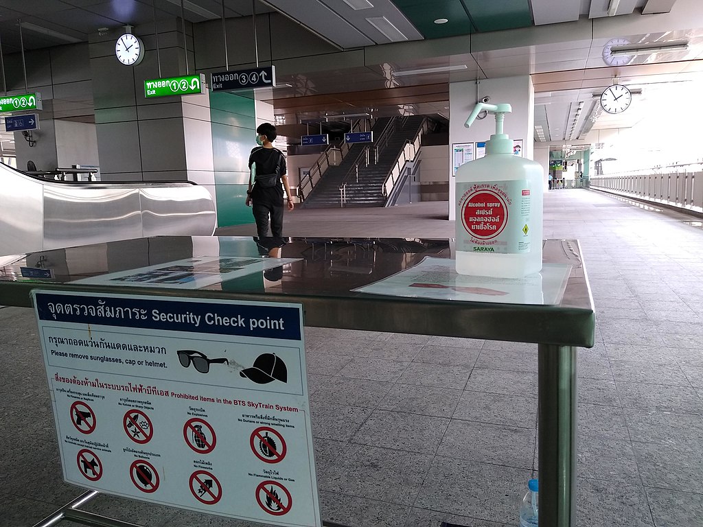 A bottle of hand sanitizer for passengers to use at Ha Yaek Lat Phrao Station in Bangkok on March 1, 2020 amid the COVID-19 Coronavirus outbreak