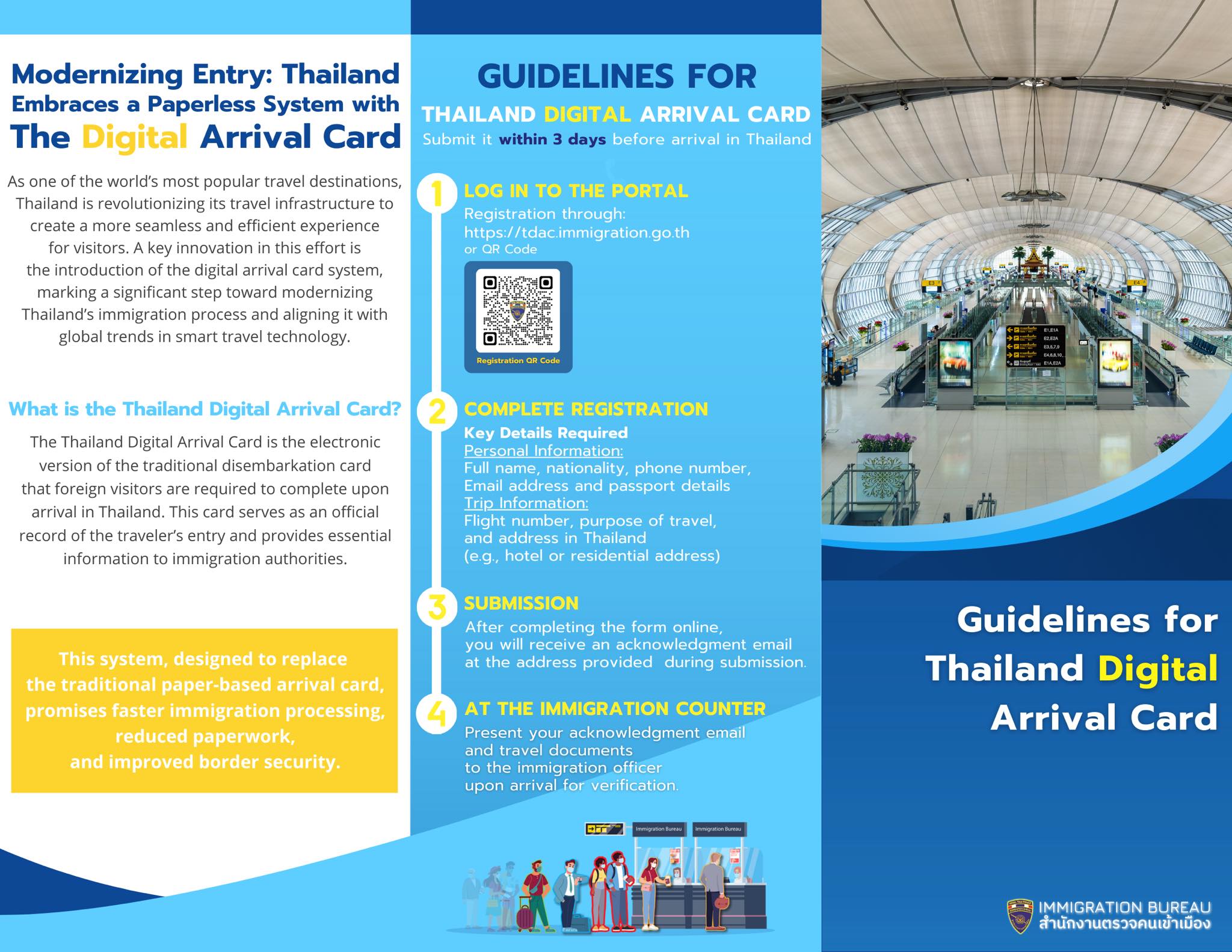 Thai lmmigration Bureau has introduced the use of Thailand Digital Arrival Card (TDAC) to facilitate travelers entering Thailand.