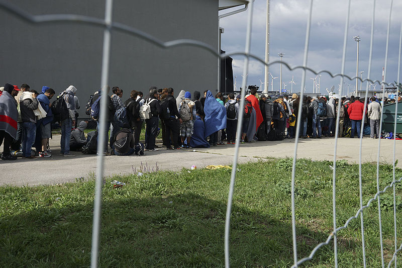 Line of Syrian refugees crossing the border of Hungary and Austria on their way to Germany