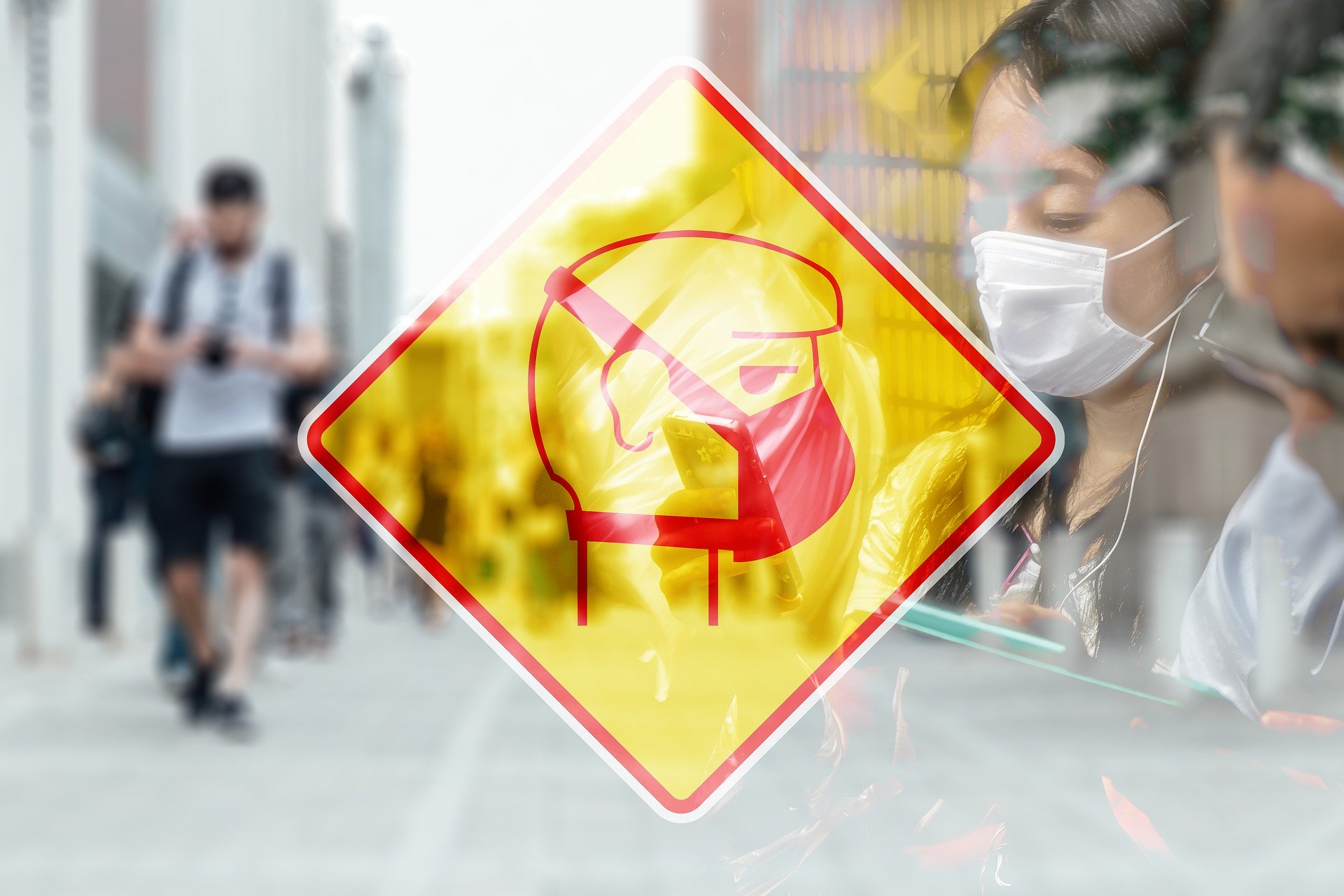 Yellow and red face mask symbol sign