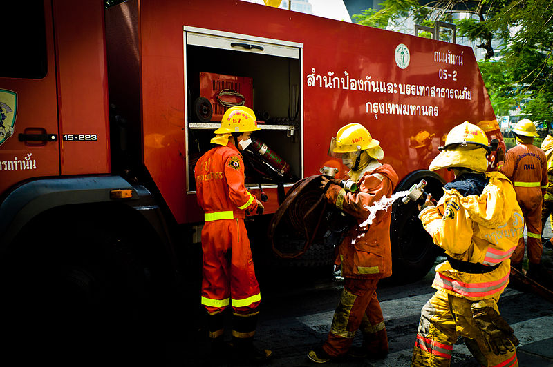 Thai fire engine and firefighters