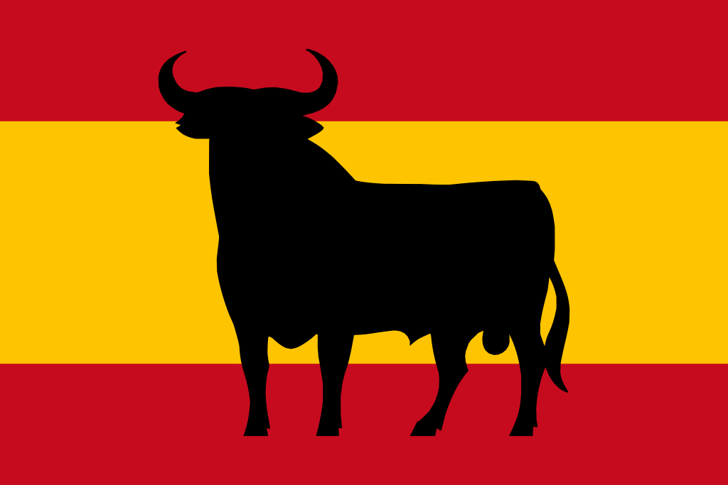Unofficial flag of Spain with a black silhouette of a bull