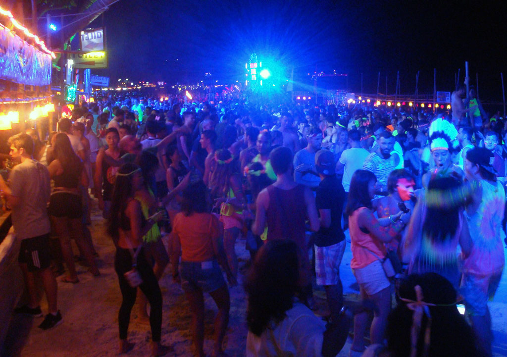 Full Moon Party, view from The Rocks up Haad Rin Sunrise Beach, Koh Phangan, Thailand.