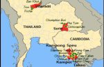 Geographical map showing the action research site, 9 districts and 3 provinces in Cambodia and 6 districts and 2 provinces in Thailand.
