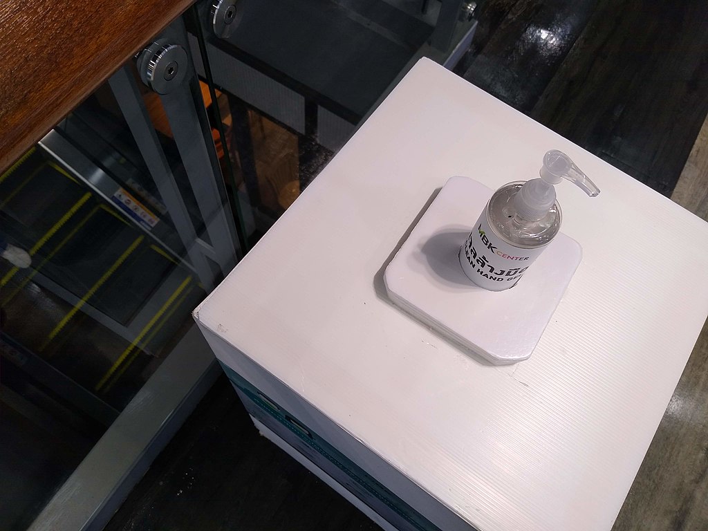 Bottle of hand sanitizer at a shopping center in Bangkok during the COVID-19 Coronavirus outbreak
