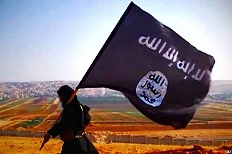 Daesh militant waving a ISIS flag