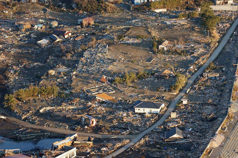 An aerial view of damage to northern Honshu, Japan, after a 9.0 magnitude earthquake and subsequent tsunami
