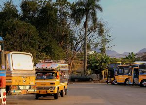 Yellow buses at the Kanchanaburi bus station