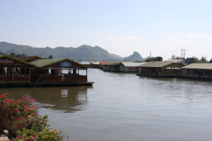 Tenasserim Hills and floating houses on the Kwai river in Kanchanaburi