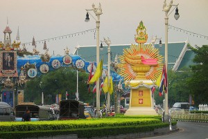 Several "exhibits" showing the Royal Thai Regalia on Ratchadamnoen Avenue in Bangkok in honour of the 60th anniversary of H.M. King Bhumibol Adulyadej's ascension to the throne