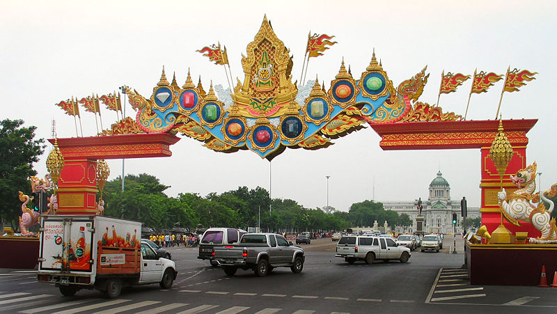 Arches over Ratchadamnoen Avenue in Bangkok in honour of the 60th anniversary of H.M. King Bhumibol Adulyadej's ascension to the throne