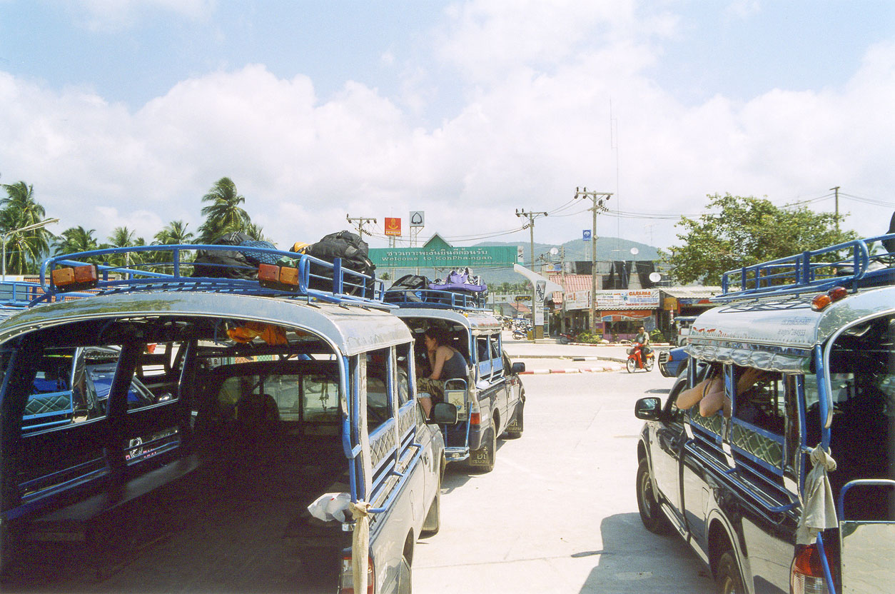 Baht buses in Thong Sala, main town of Ko Phangan, Thailand.