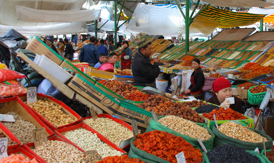Osh Bazaar in Bishkek, Kyrgyzstan, dried fruits and nuts