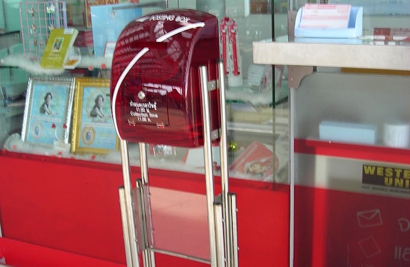 Transparent Thailand Post mailbox at Suvarnabhumi Airport, Bangkok