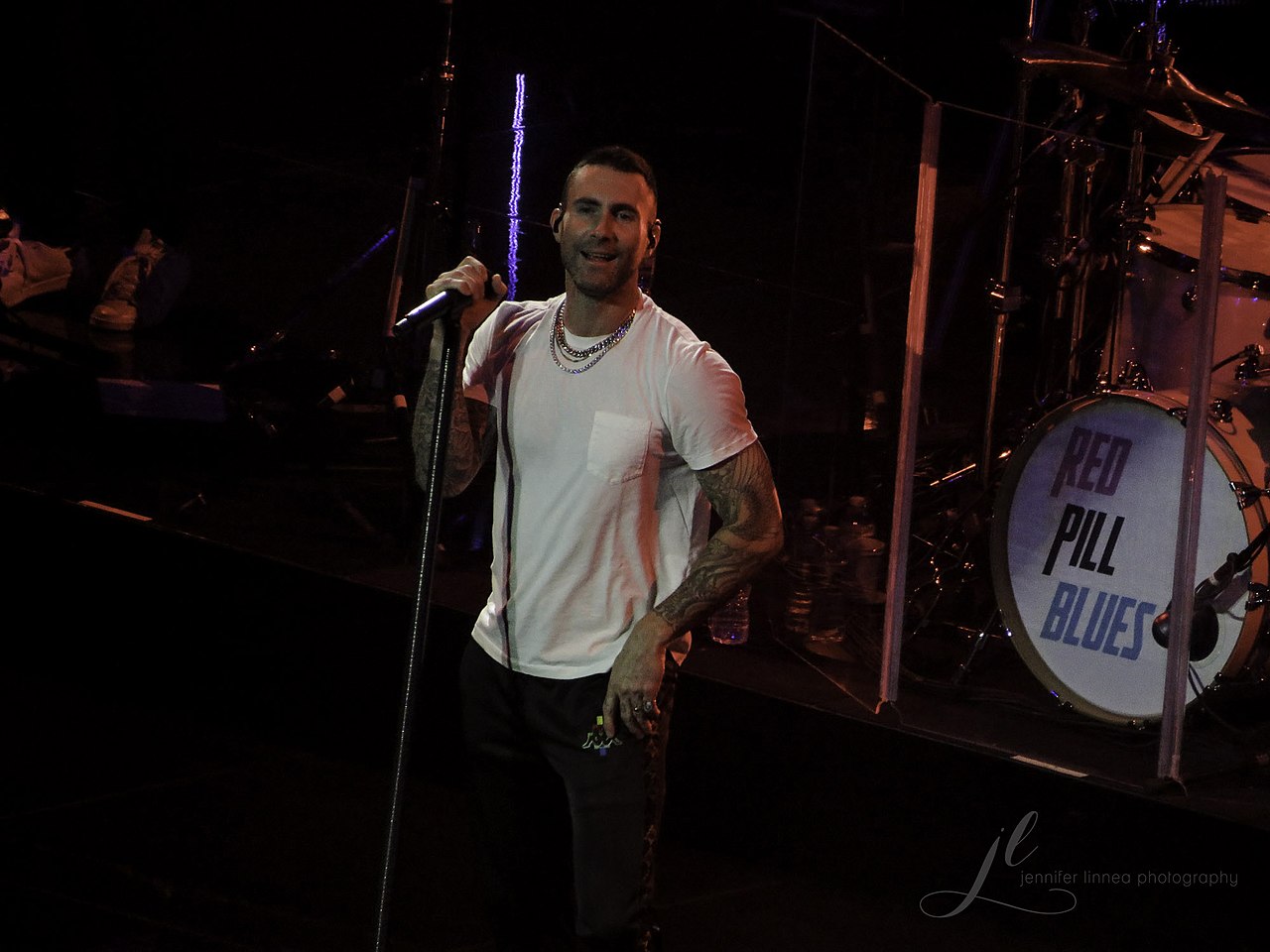 Maroon 5 frontman Adam Levine performing in front of a sold out crowd at the Pepsi Center in Denver, CO while on the Red Pill Blues Tour.