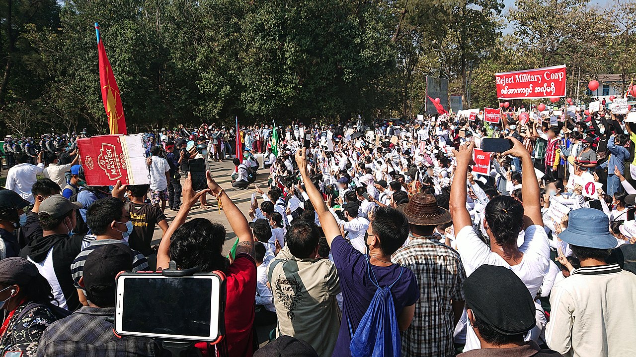Student Union and teachers protest against military coup in front of State Government Office at Hpa-An, Kayin State, Myanmar.