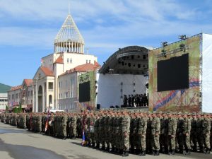 Nagorno Karabakh Defense Army troops assemble before the National Assembly building on Renaissance Square in Stepanakert, Republic of Artsakh