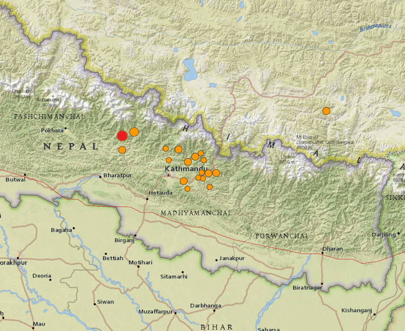 Map of Nepal earthquake, 25 April 2015.