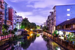 Riverside buildings along a canal in Nonthaburi