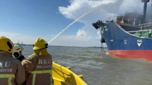Fire of an oil tanker in the middle of the Chao Phraya River, Phra Samut Chedi district of Samut Prakan