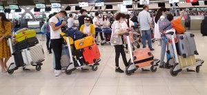 Passengers at Suvarnabhumi Airport in Bangkok waiting for a flight to Shanghai in March 2020 during the COVID-19 outbreak