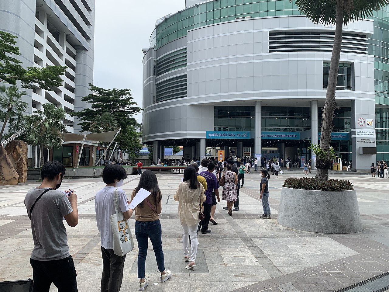 People queuing for COVID-19 vaccination at Srinakharinwirot University in Bangkok