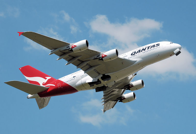 Qantas Airbus A380 takes off from London Heathrow Airport