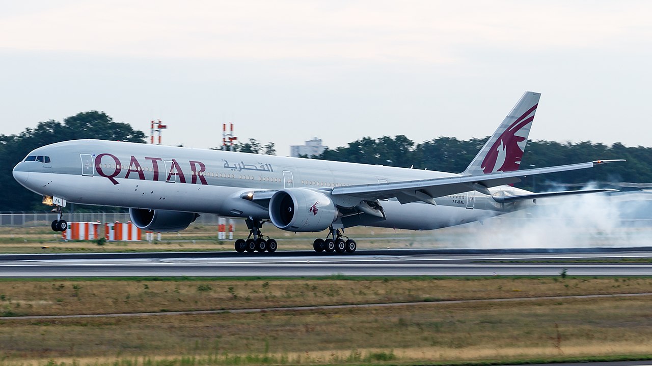 Qatar Airways Boeing 777-300ER taking off at Frankfurt Airport in Germany