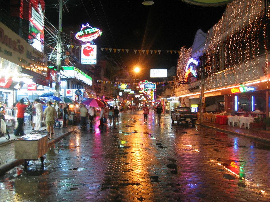 Rain on a street in Thailand at night